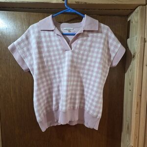 Sioni Pink Gingham Short Sleeve Polo Sweater Top